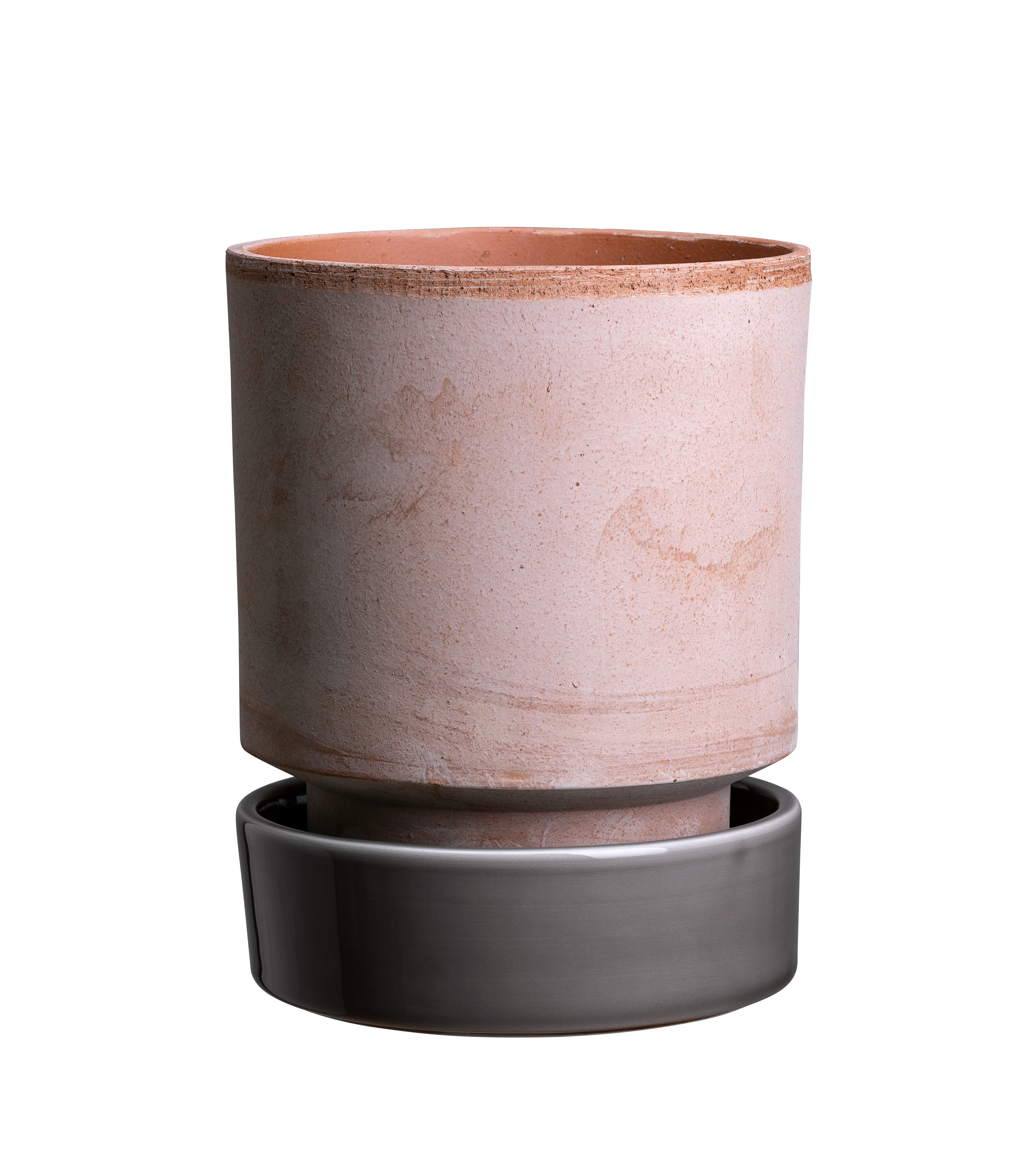 Hoff krukke inkl. underskål - Ø14 cm. - Rosa eller grå krukke, rå