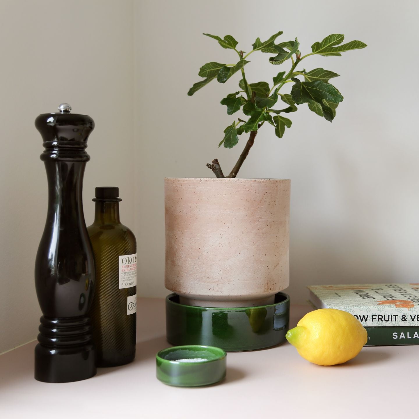 Hoff krukke, Raw rosa + Emerald Green underskål
